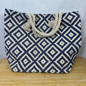 Summer & Rose Navy Blue White Geometric‎ Canvas Tote Bag Rope Handle Beach Bag